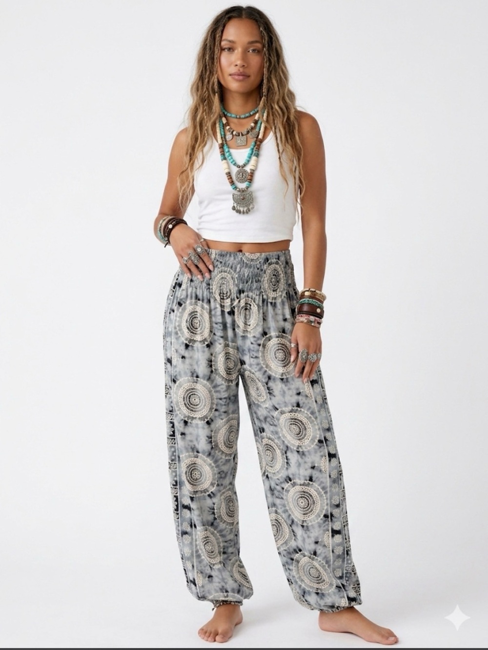 Lotus and Luna Bohemian Watercolor Mandala Wide Leg Harem Pants
